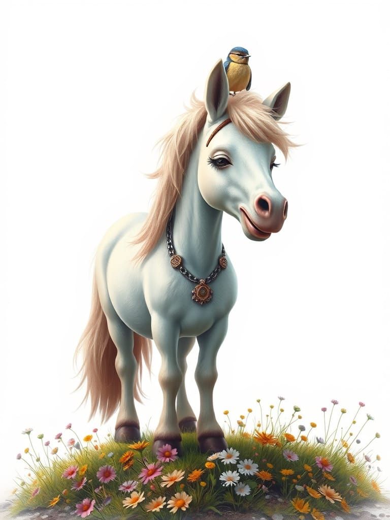 Whimsical Pony with Bird perched on Head, Set against a Whit...