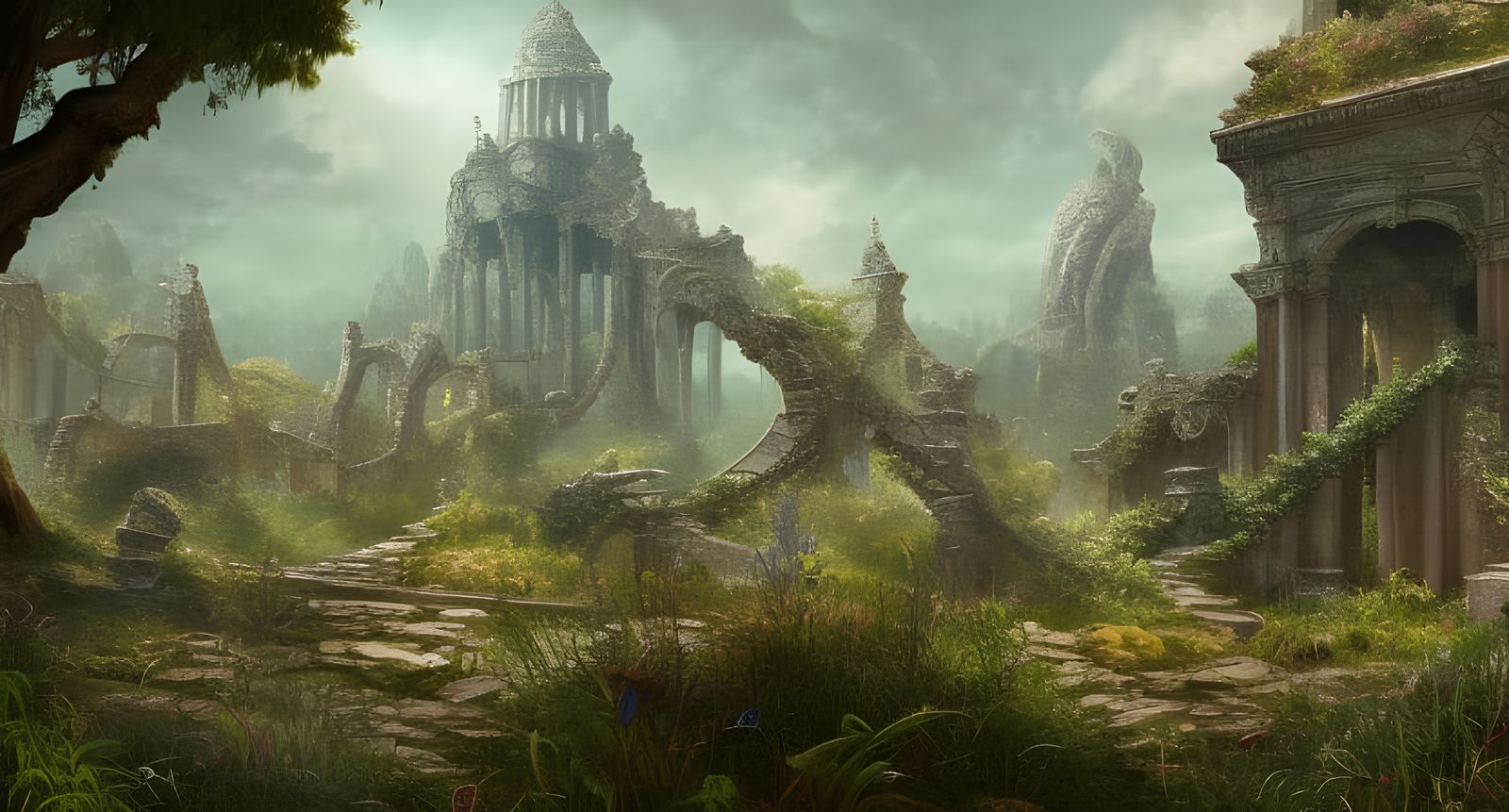 Overgrown Ancient Ruins in Detailed Matte Painting