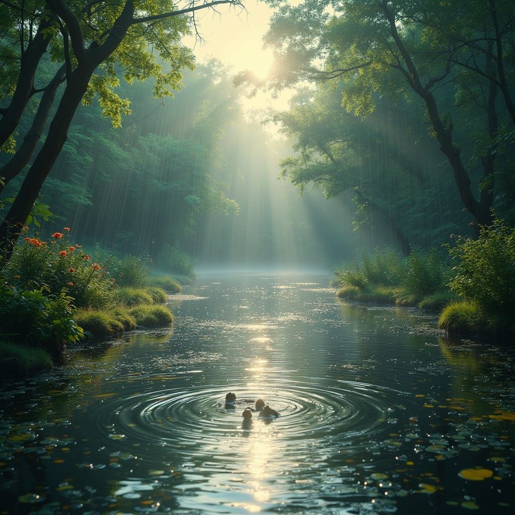 Gentle Rain on Forest Pond Ecosystem with Sunlight
