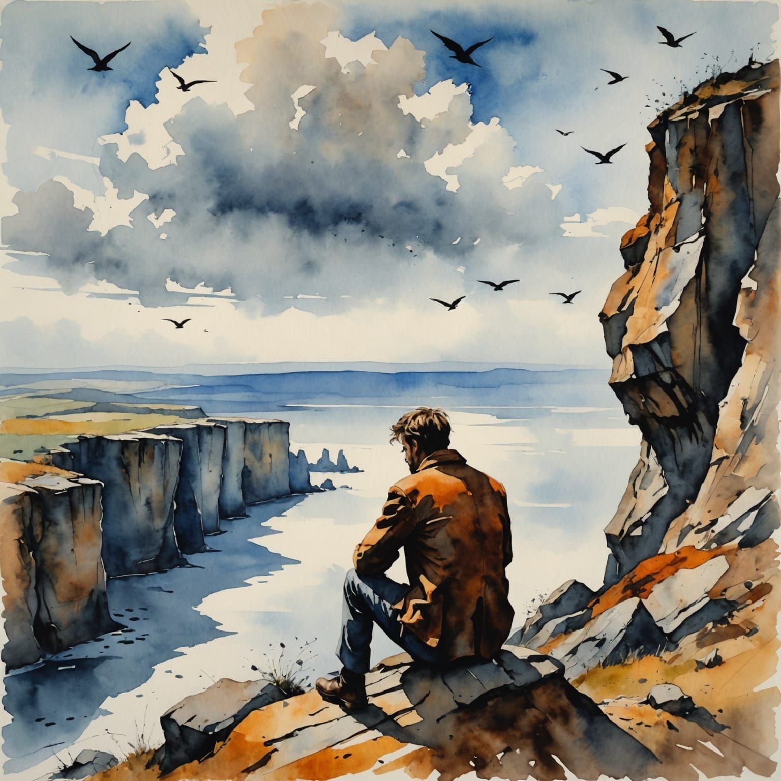 Contemplative Figure Gazing at Birds in Watercolor