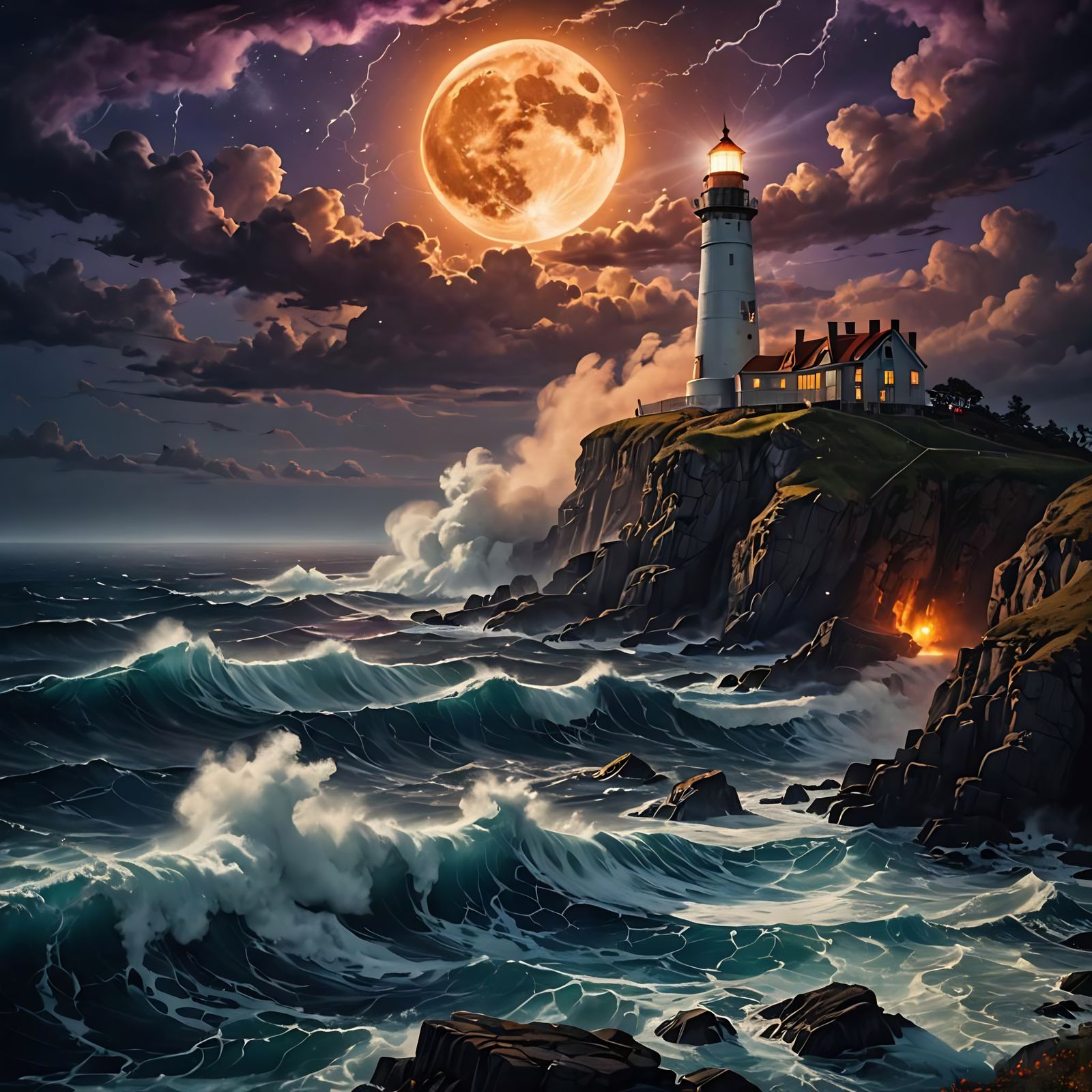 Surreal Lighthouse Illuminates a Stormy Cosmic Ocean