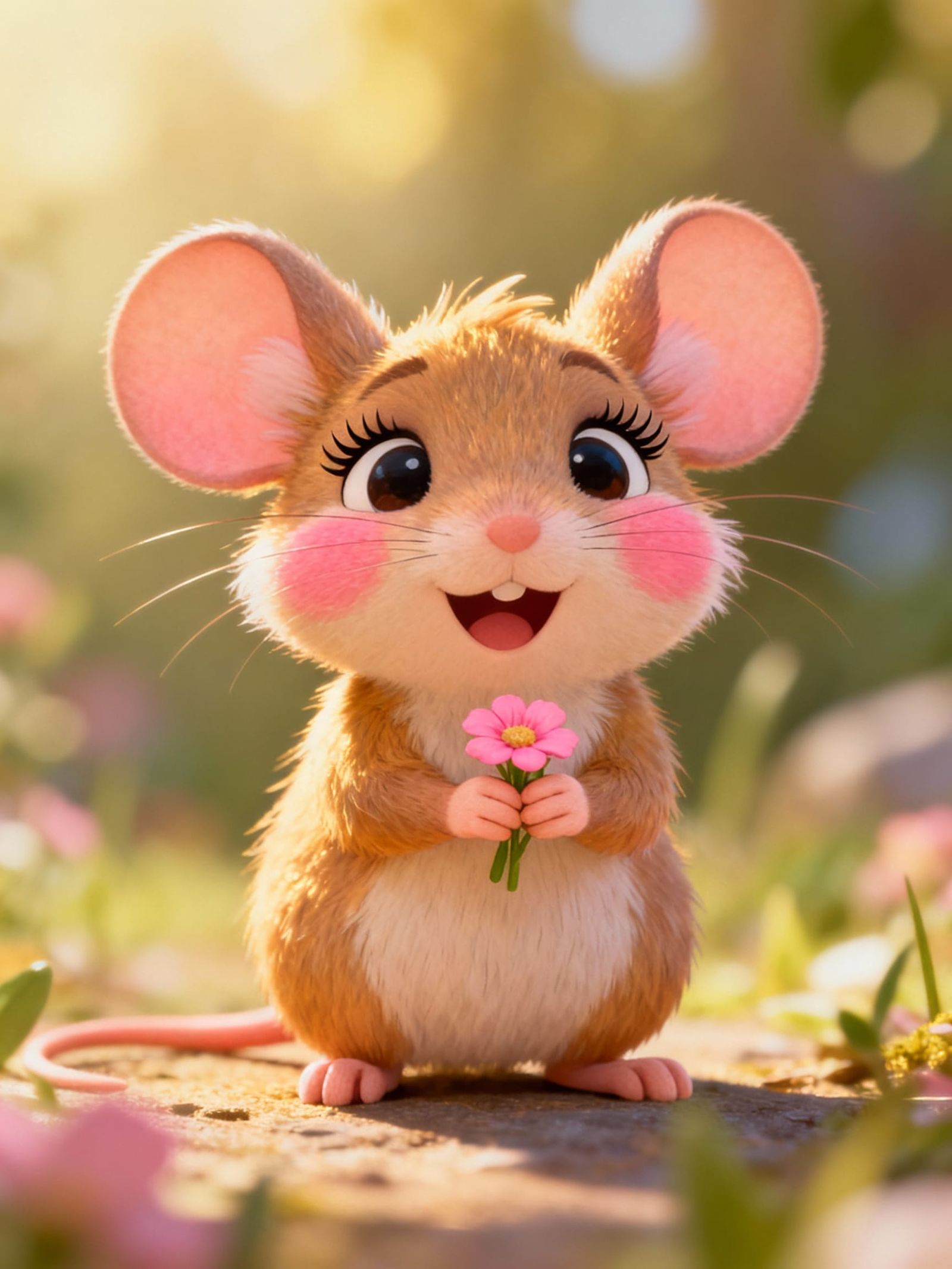 Adorable Miniature Mouse Holding a Pink Flower in Cartoon St...