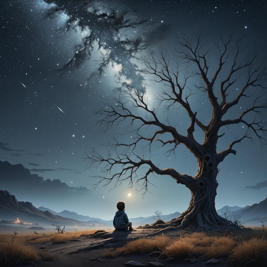 Child Alone Under Starry Sky in Fantasy Landscape