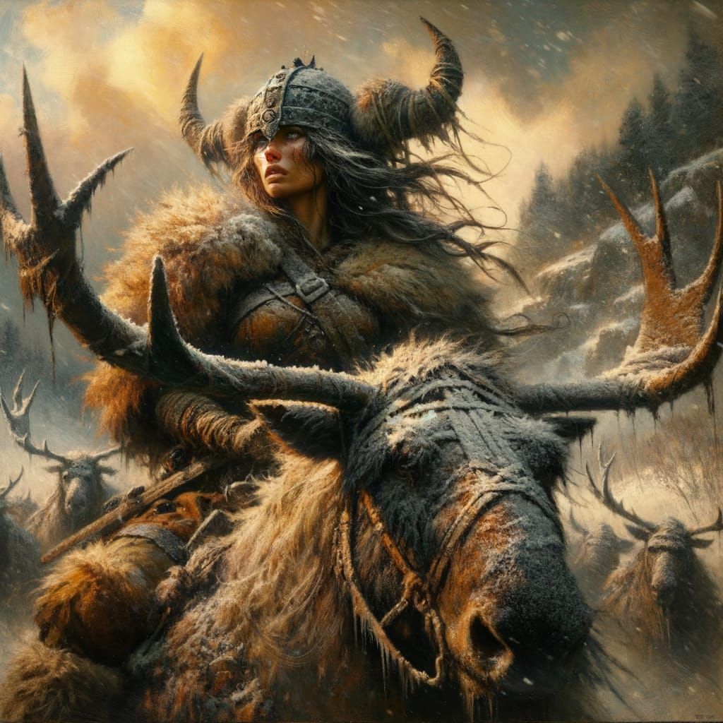 Viking Warrior Woman on Moose in Snowy Landscape