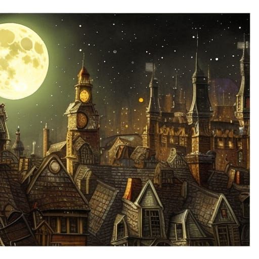 Cat and Mouse Steampunk Rooftop Watercolor