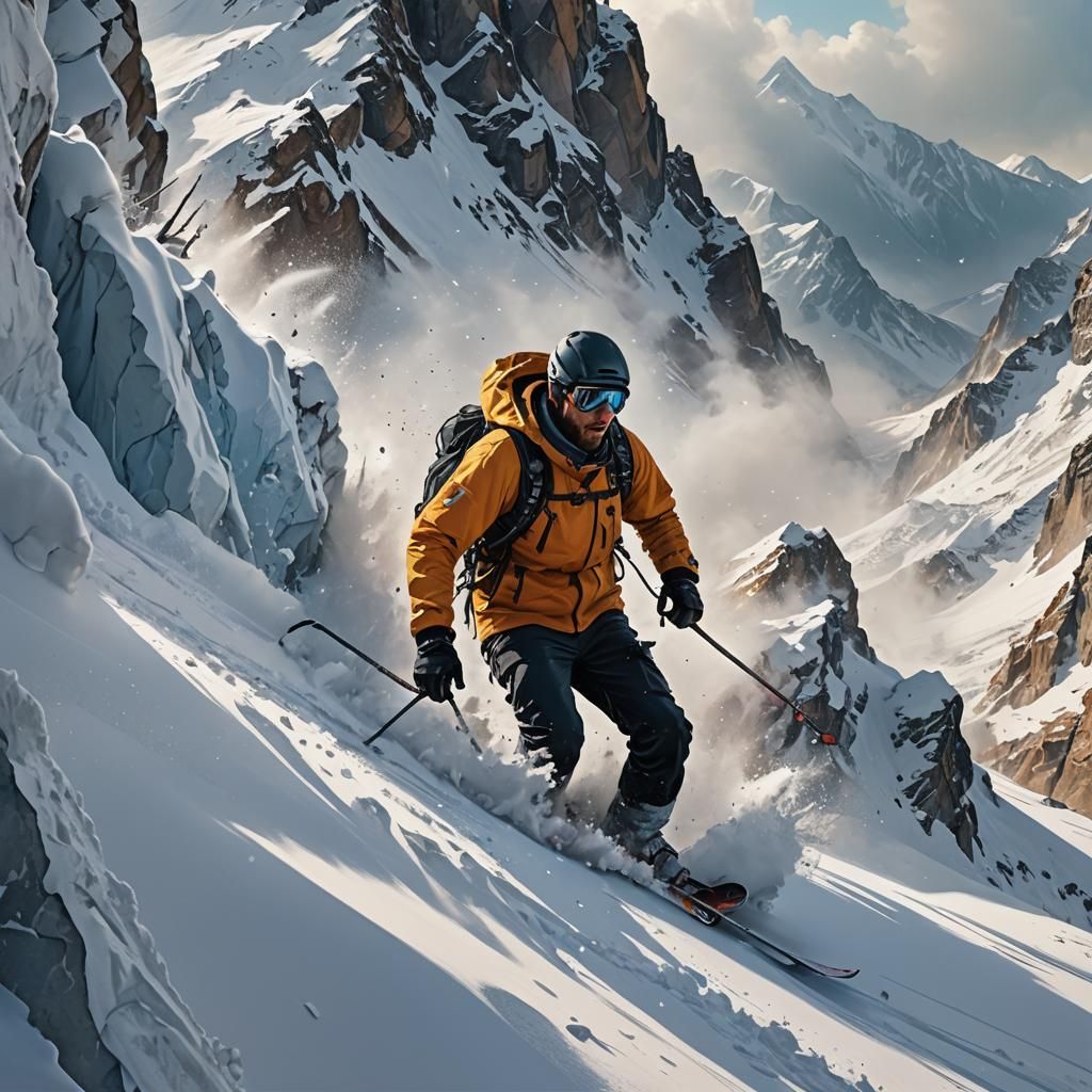 Skier Descending Snowy Mountain in Hyperrealistic Style