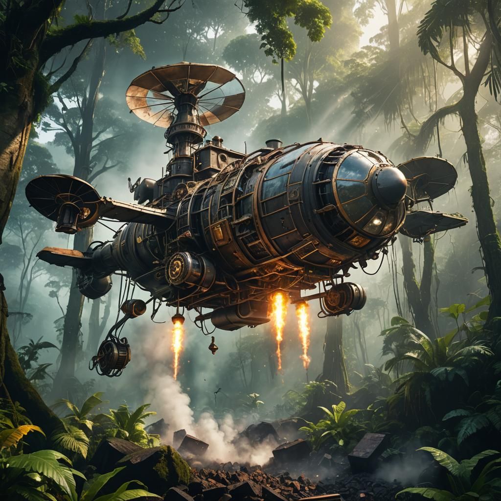 Steampunk Flying Machine Lands in Rainforest: Digital Matte ...