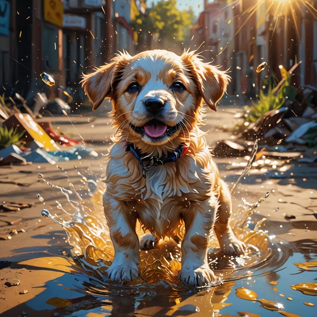 Hyperrealistic Puppy Dog in Sunshine Splash Art