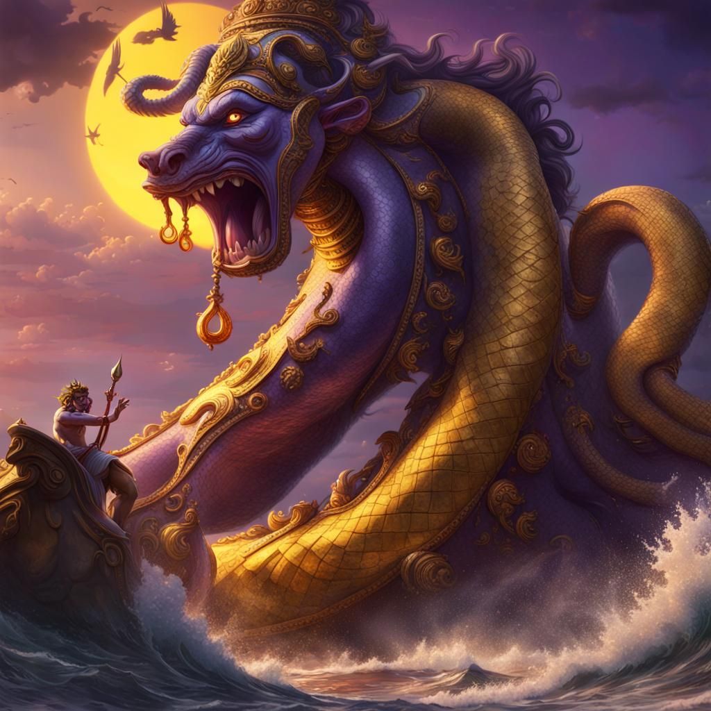 Epic Battle: Serpent Assault on a Godlike Figure