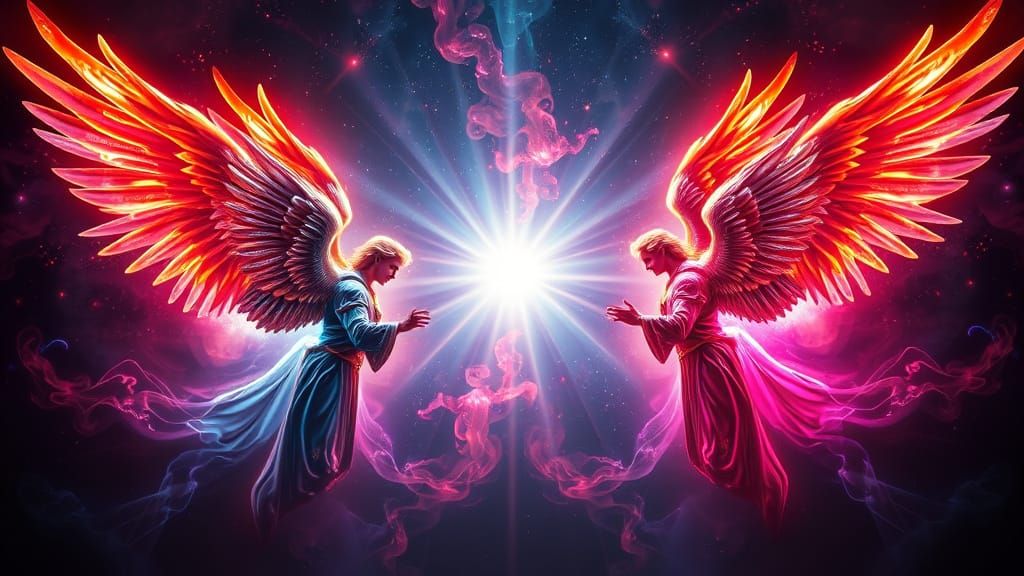 Majestic Archangels Converge in Neon-Lit Glory