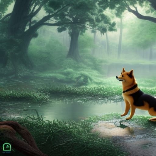 Shiba Inu's Swamp Escape: A Matte Painting