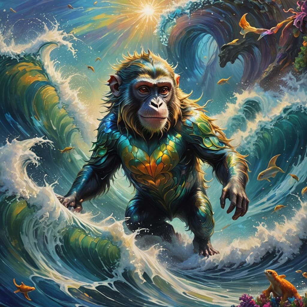 Dolfin Monkey Rides Giant Wave in Oil Painting Style