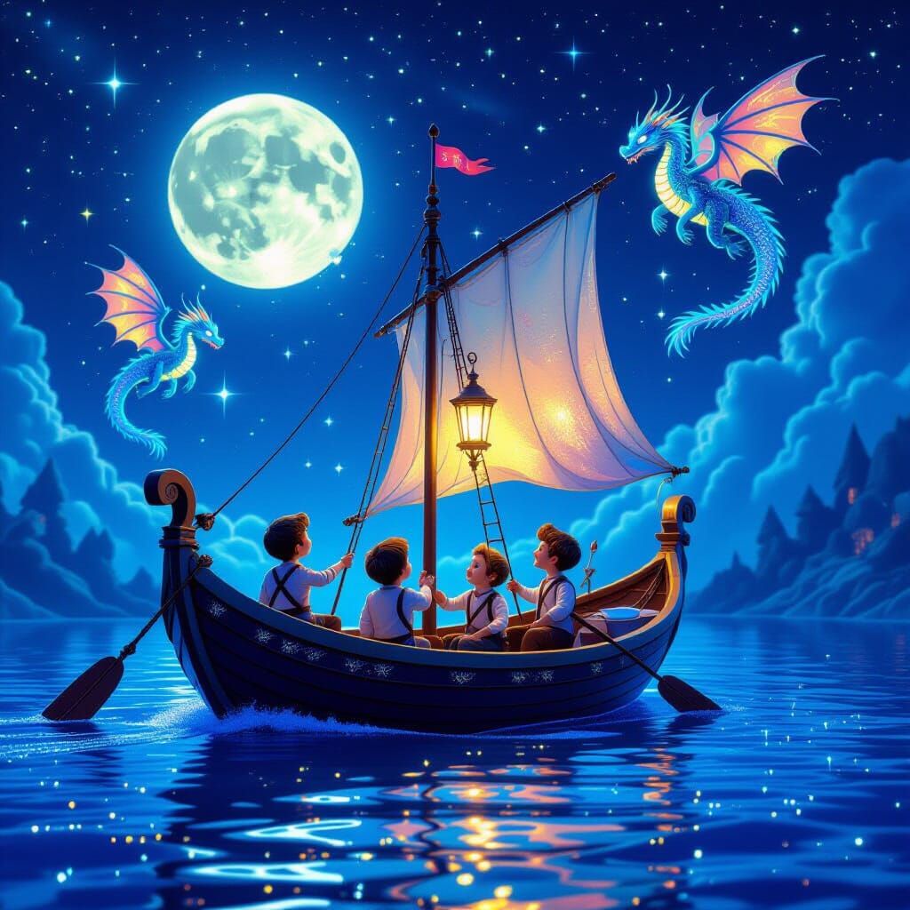 Iridescent Boat Sailing Electric Blue Universe