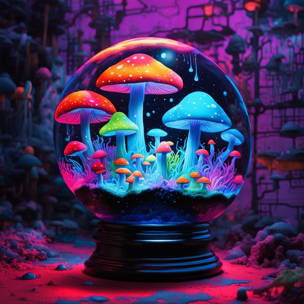 Neon Mushroom Globe in Graffiti Art Style