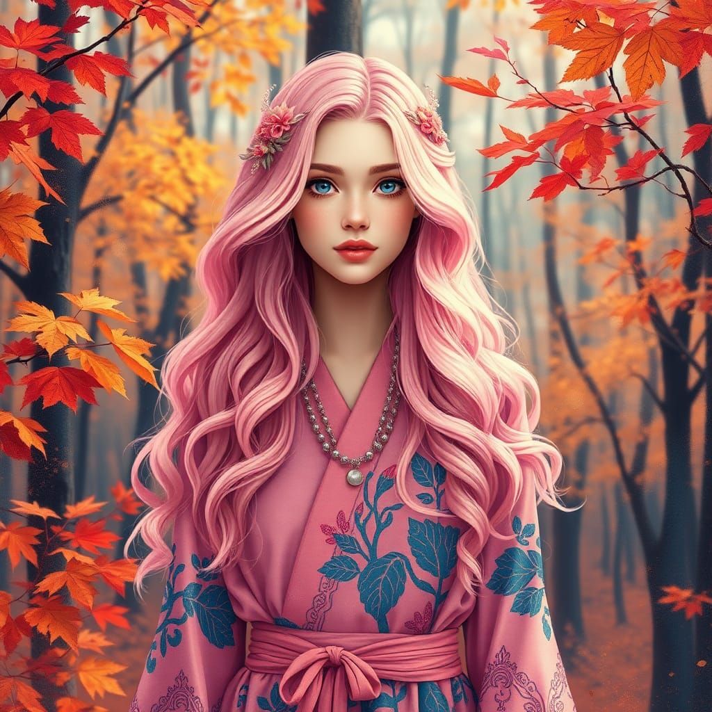 Woman with Autumn Hair in Forest, Anime Style