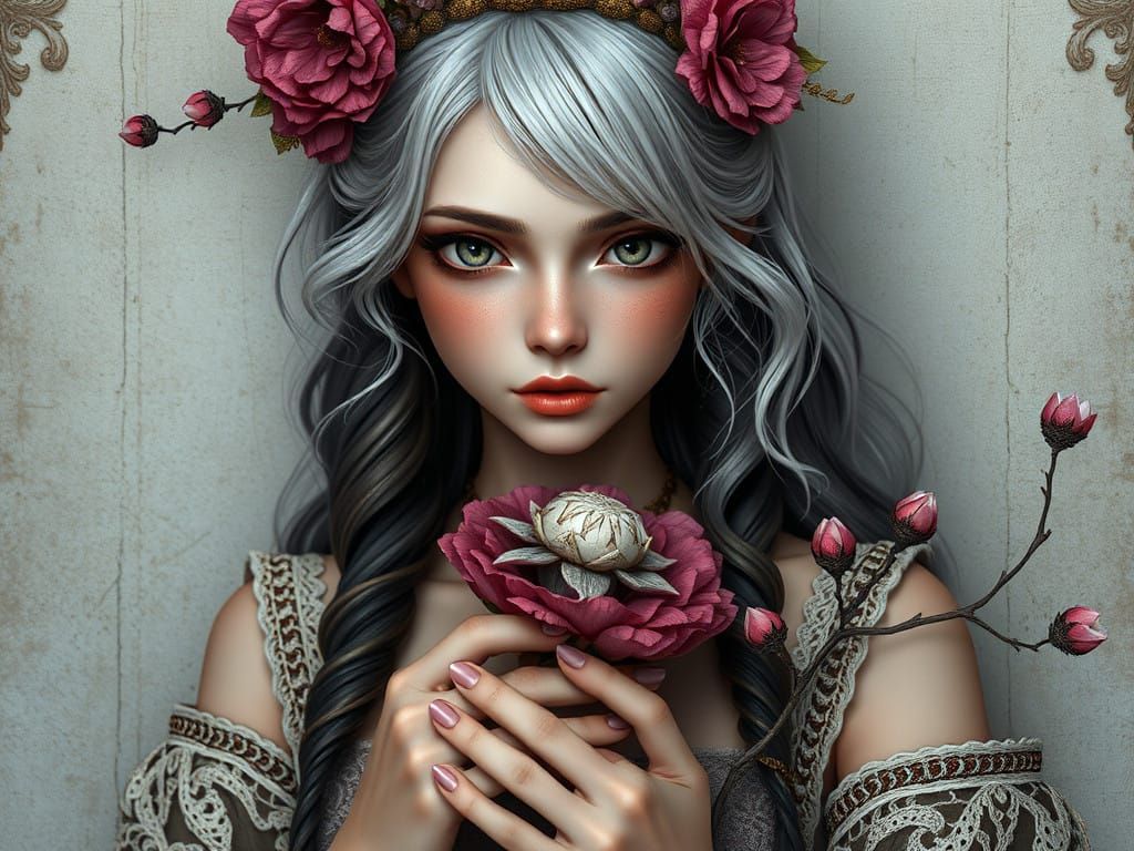 " Delicada mujer etérea, cabello de nube blanca con zarcillo...