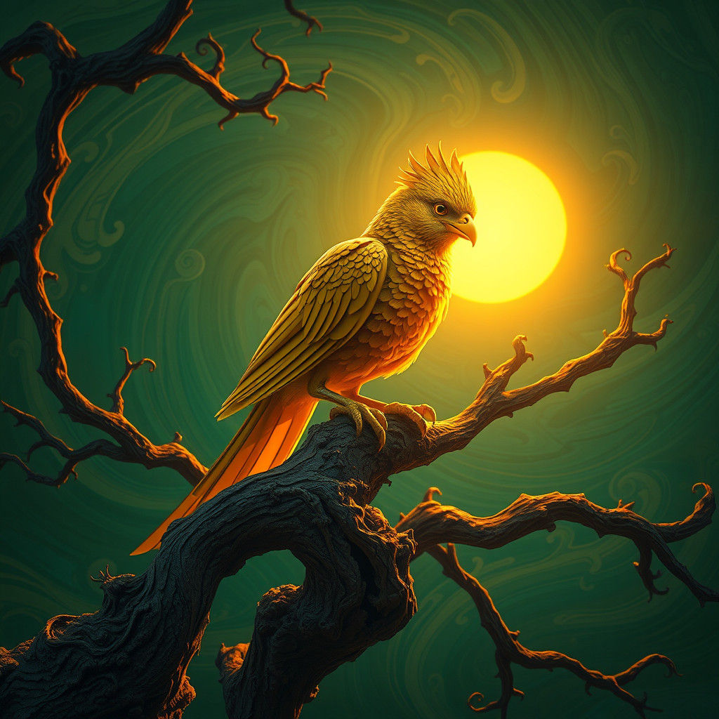 Golden Bird in Art Nouveau Fantasy Landscape