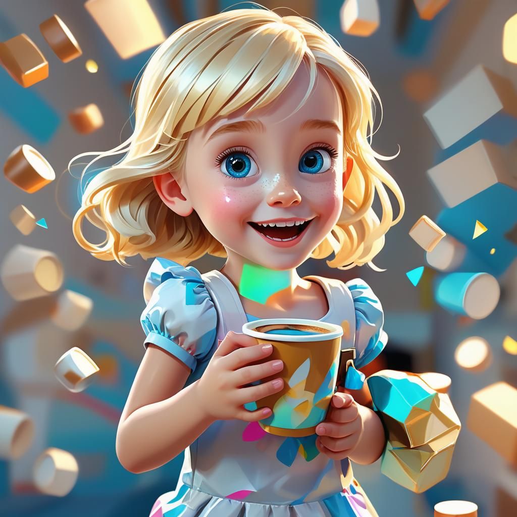 Joyful Low-Poly Girl with Animated Coffee Cup