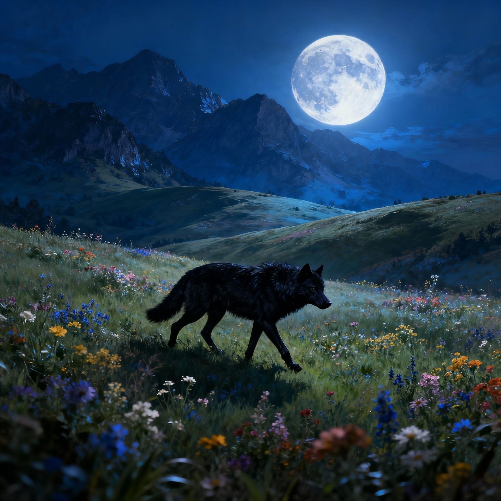 Black Wolf in Moonlit Meadow with Wildflowers and Mountains