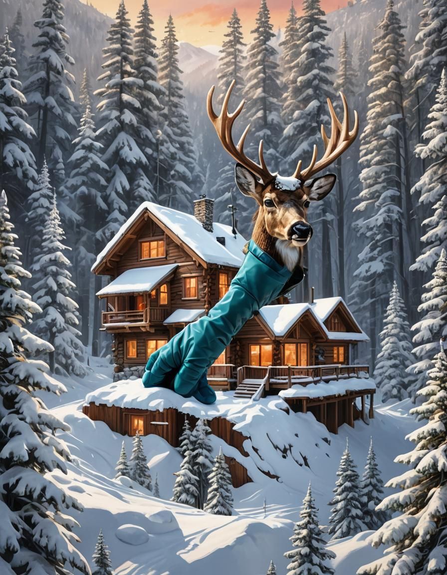 Snow Glove Cabin in Hyperrealistic Winter Landscape
