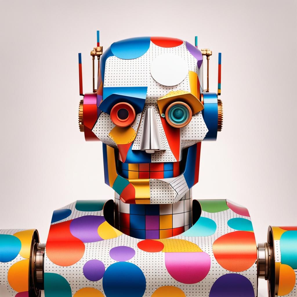 Cyborg Robot Unwrapping Steampunk Parts as Pop Art