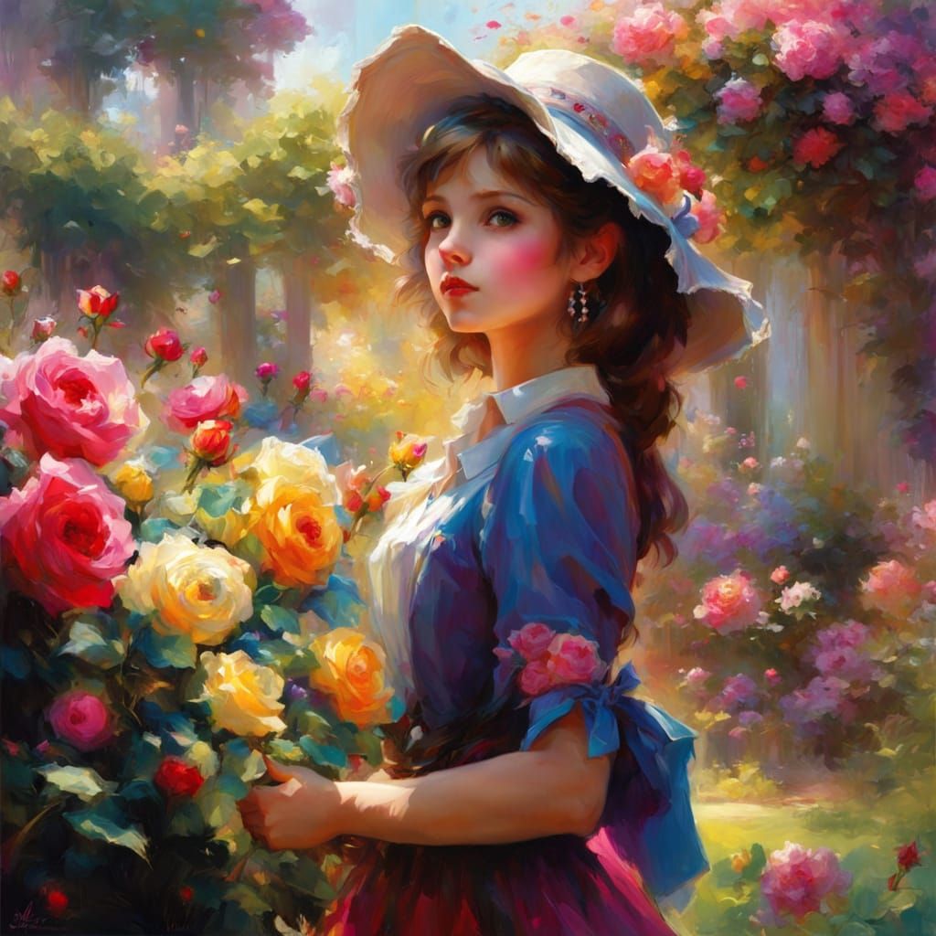 Girl in Rose Garden: Colorful Anime-Inspired Art