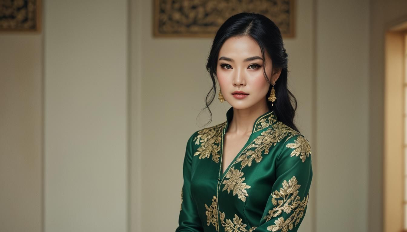 Stunning Asian Woman Portrait in Emerald Green Silk
