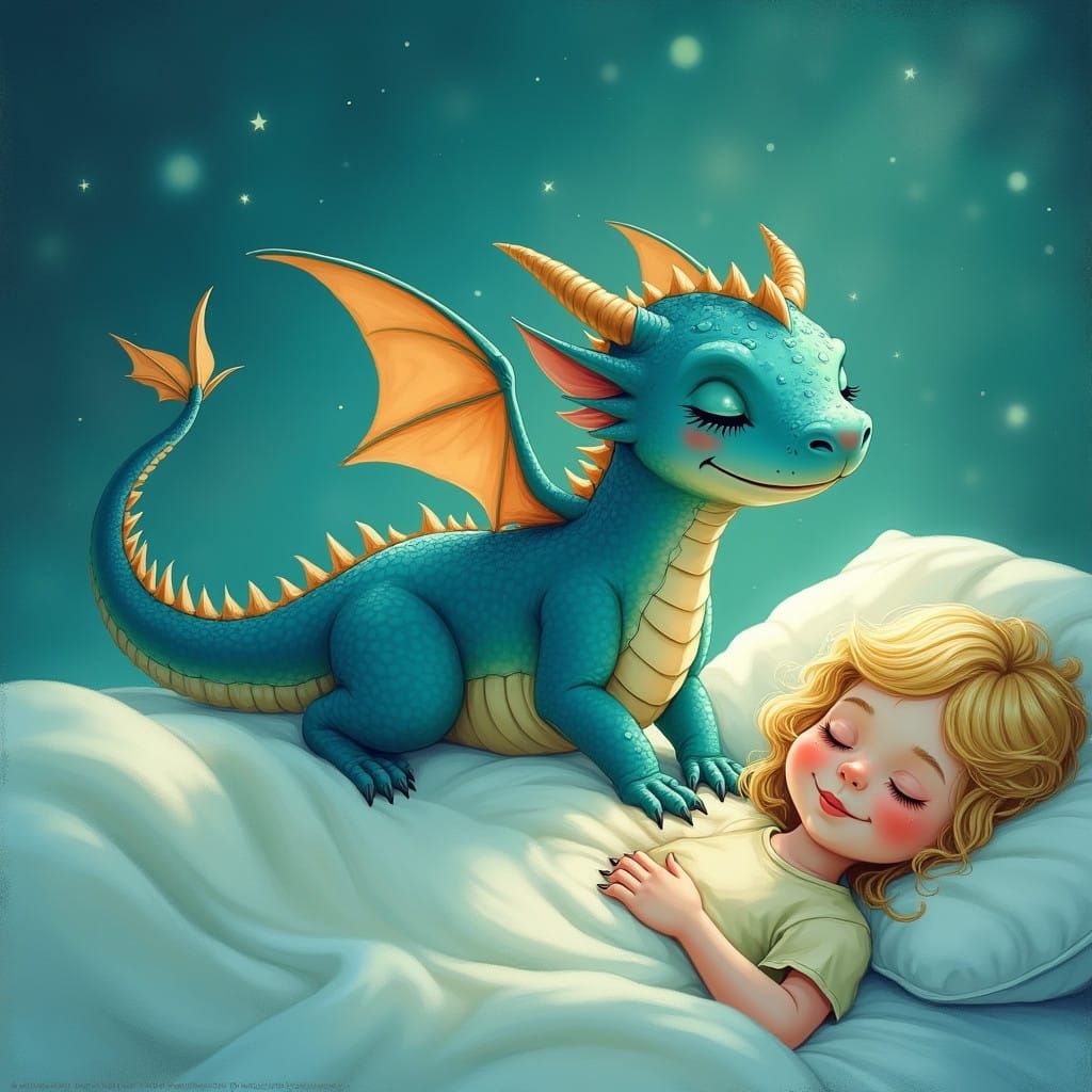 Friendly Dragon Sneaks Up on Slumbering Girl in Whimsical Sc...