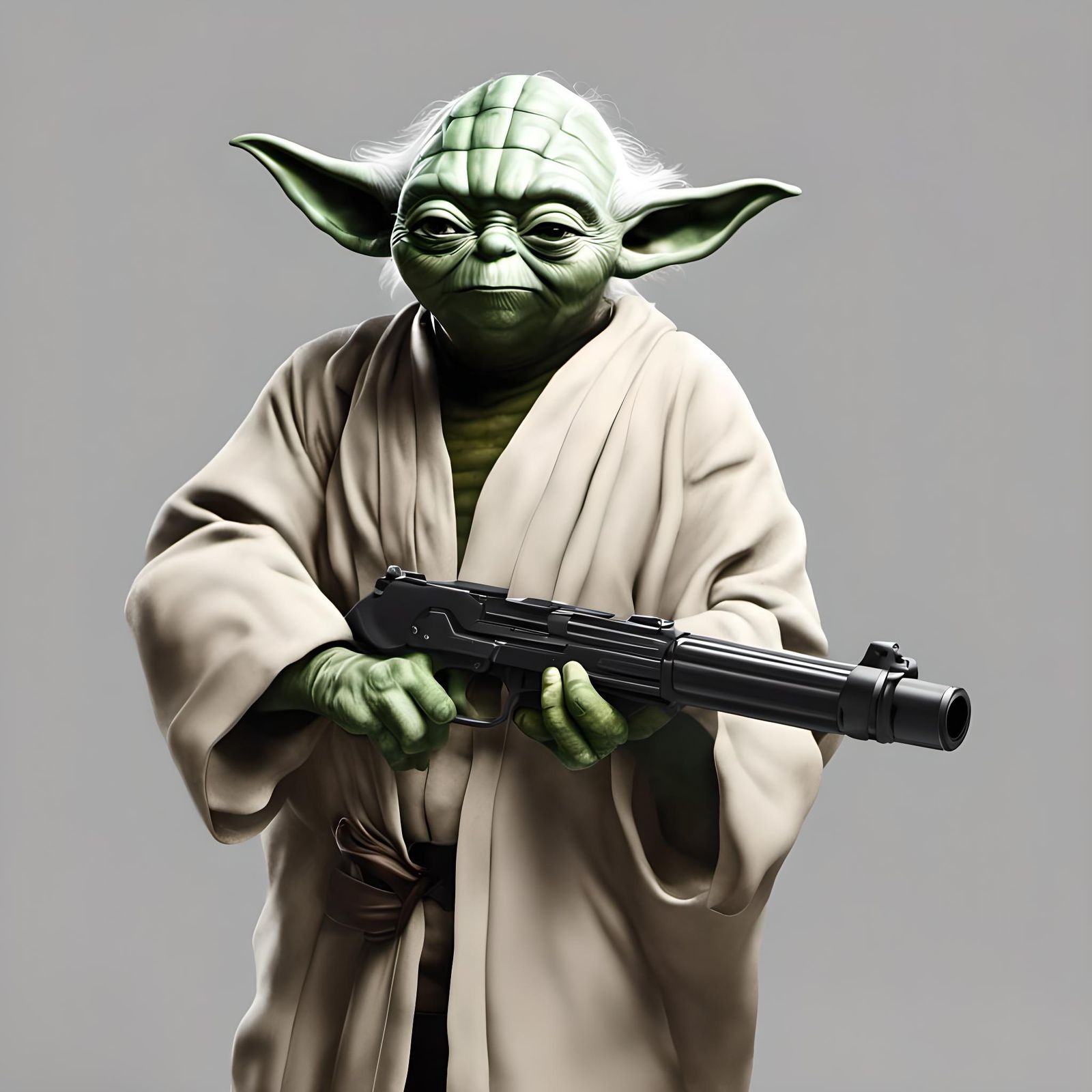 Hyperrealistic Yoda with a Gun