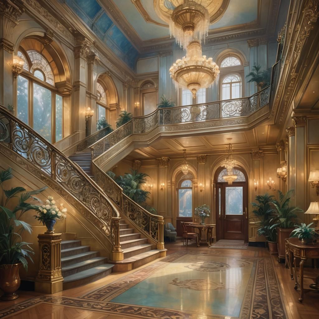 Opulent Art Deco Interior with Gilded Staircase