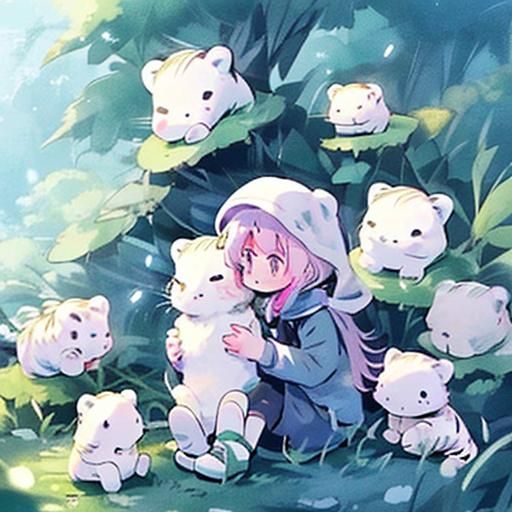 Girl with White Tiger in Manga Style