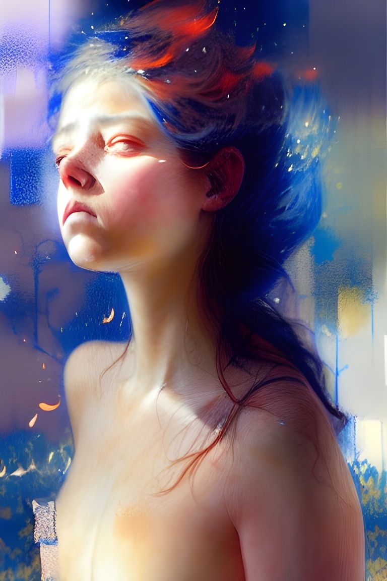 Teenager Surrounded by Fire: Gouache and Watercolor Painting