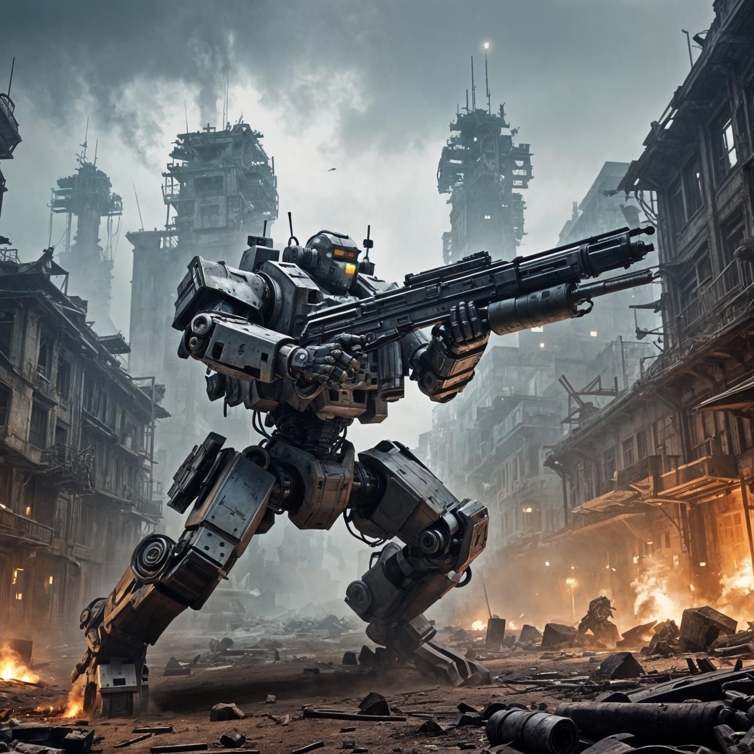 Cyberpunk Mech Battles in Ruined Cityscape