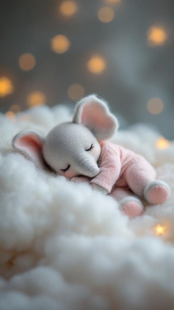 Felted Elephant Baby Asleep on a Cloud