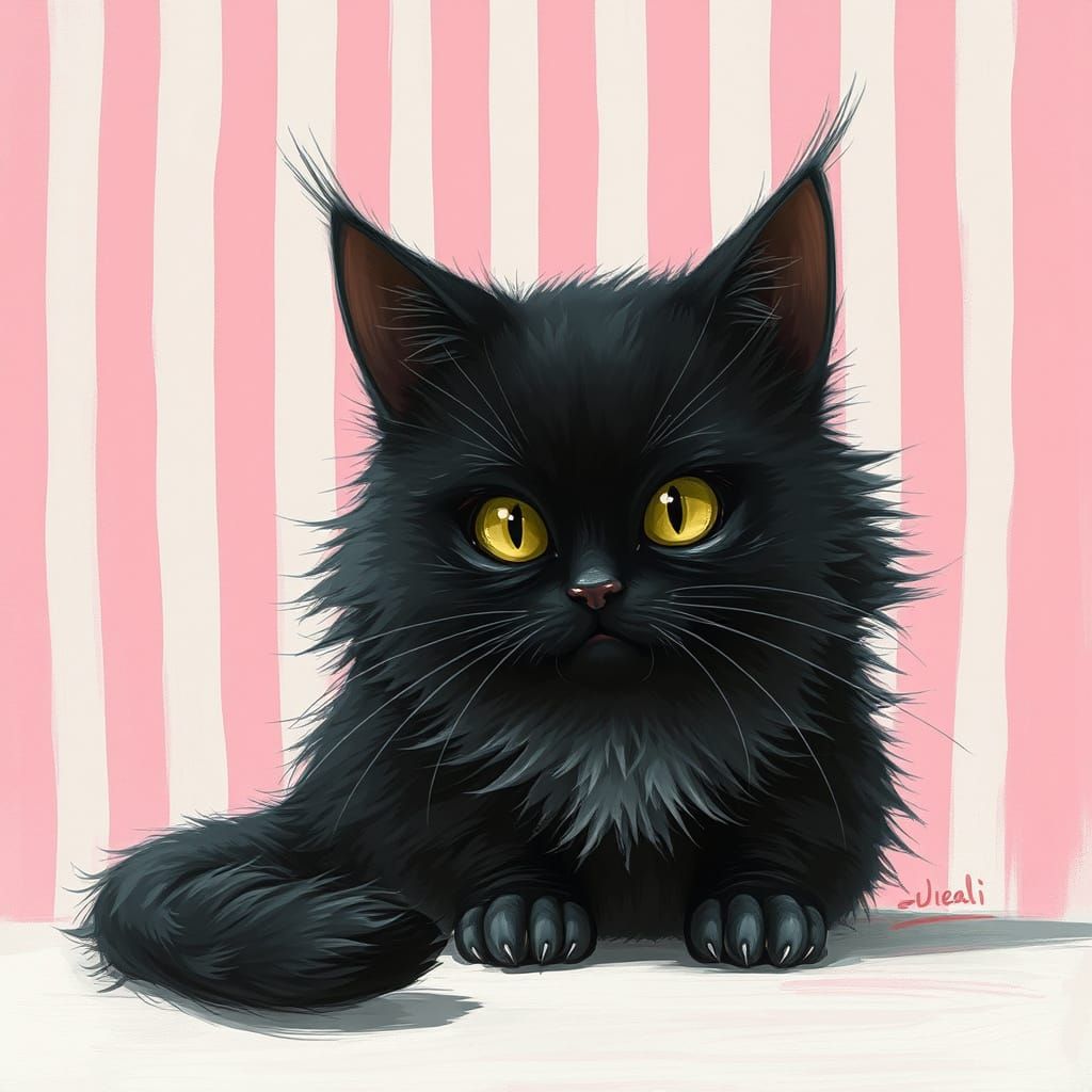 Whimsical Cartoon Cat on Striped Background in Pastel Hues