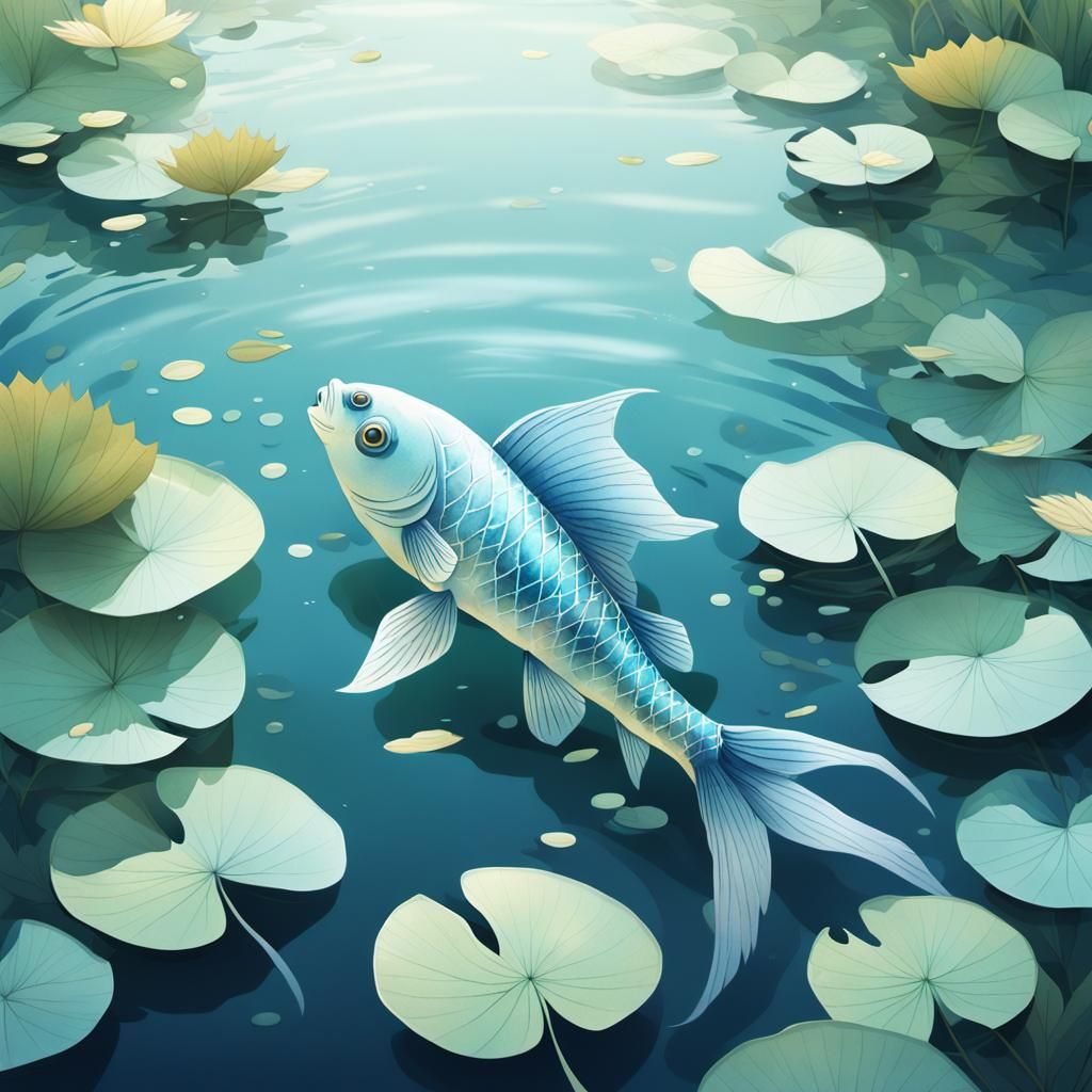 Fish in Dim Pond: Japan-Inspired Watercolor Anime