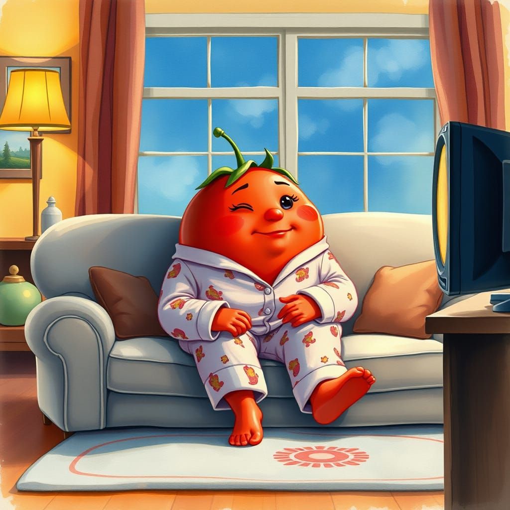 Whimsical Tomato Watches TV in Cozy Living Room