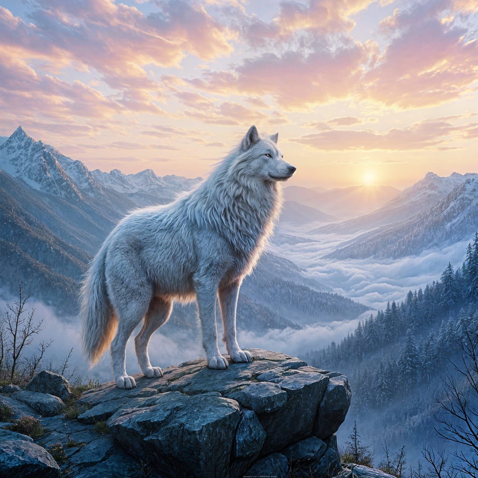Majestic White Wolf Overlooking Misty Valley
