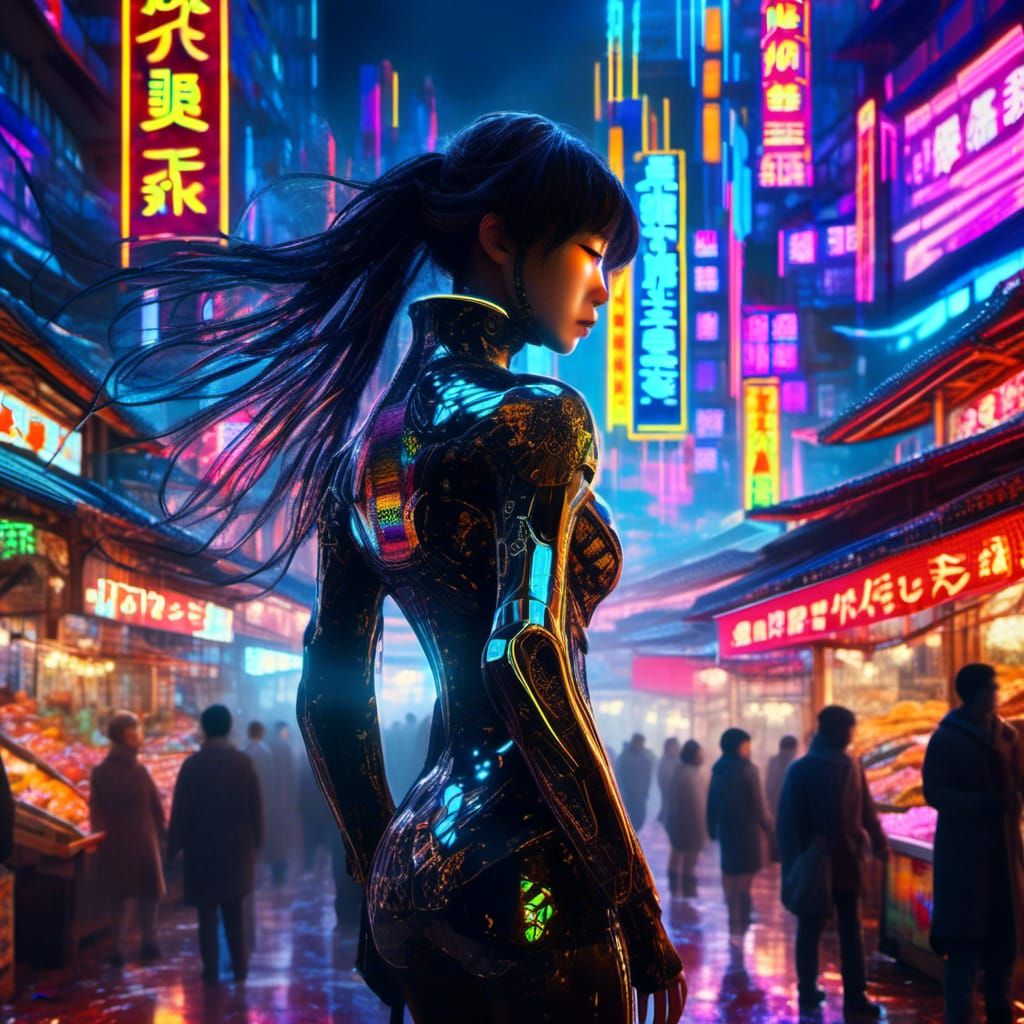 Cybernetic Woman in Neon Tokyo 2099
