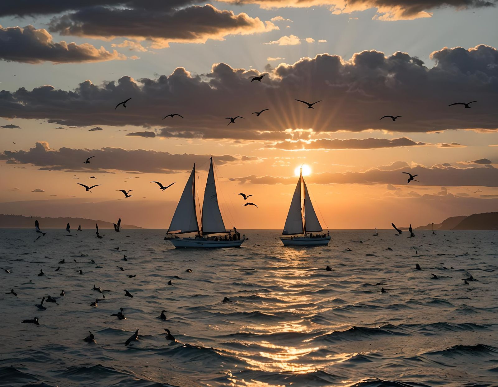 Sailboat at Sunset with Seabirds