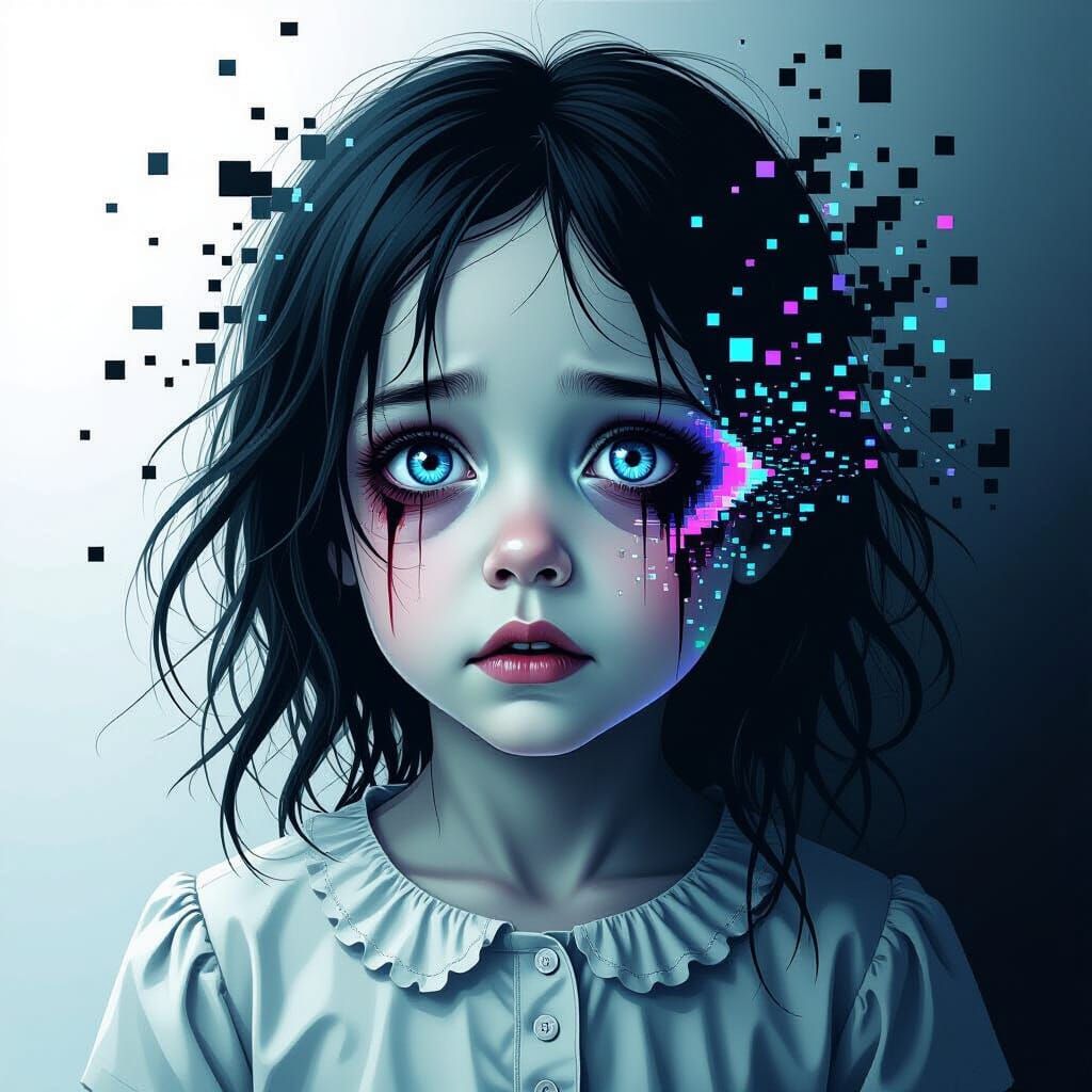 Glitching Girl Illustration in Dark Fantasy Style