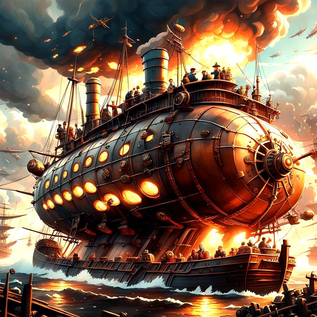 Steampunk Clockwork Airship Battle in Detailed Matte Paintin...