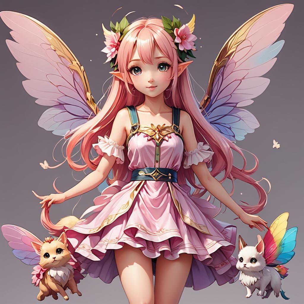 Kawaii Anime Fairy with Pet in Cel-Shaded Style