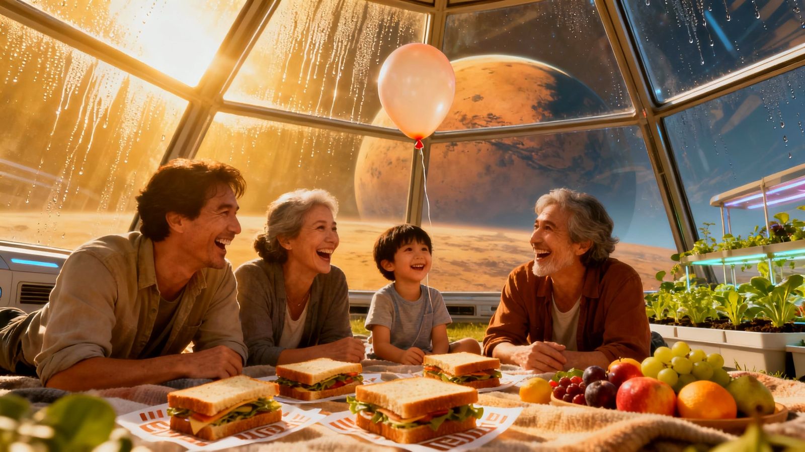Family Laughs Under Bio-Dome Sky with Mars View