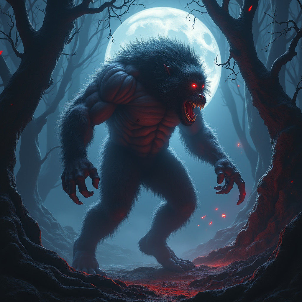 Man's Primal Werewolf Transformation in Dark Fantasy Style