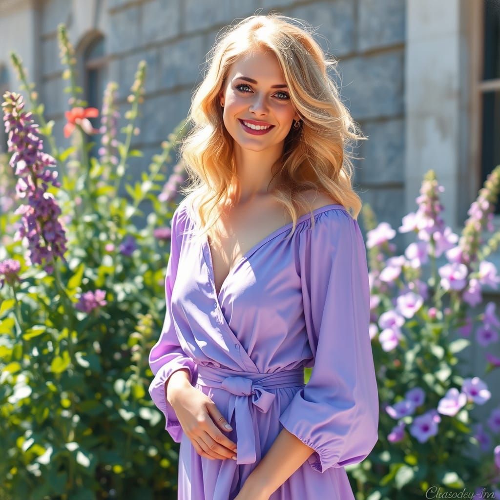 Elegant European Woman in Soft Violet Robe