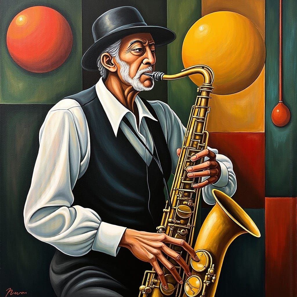 Saxophonist in Dreamscape: Impasto Painting in Vivid Colors