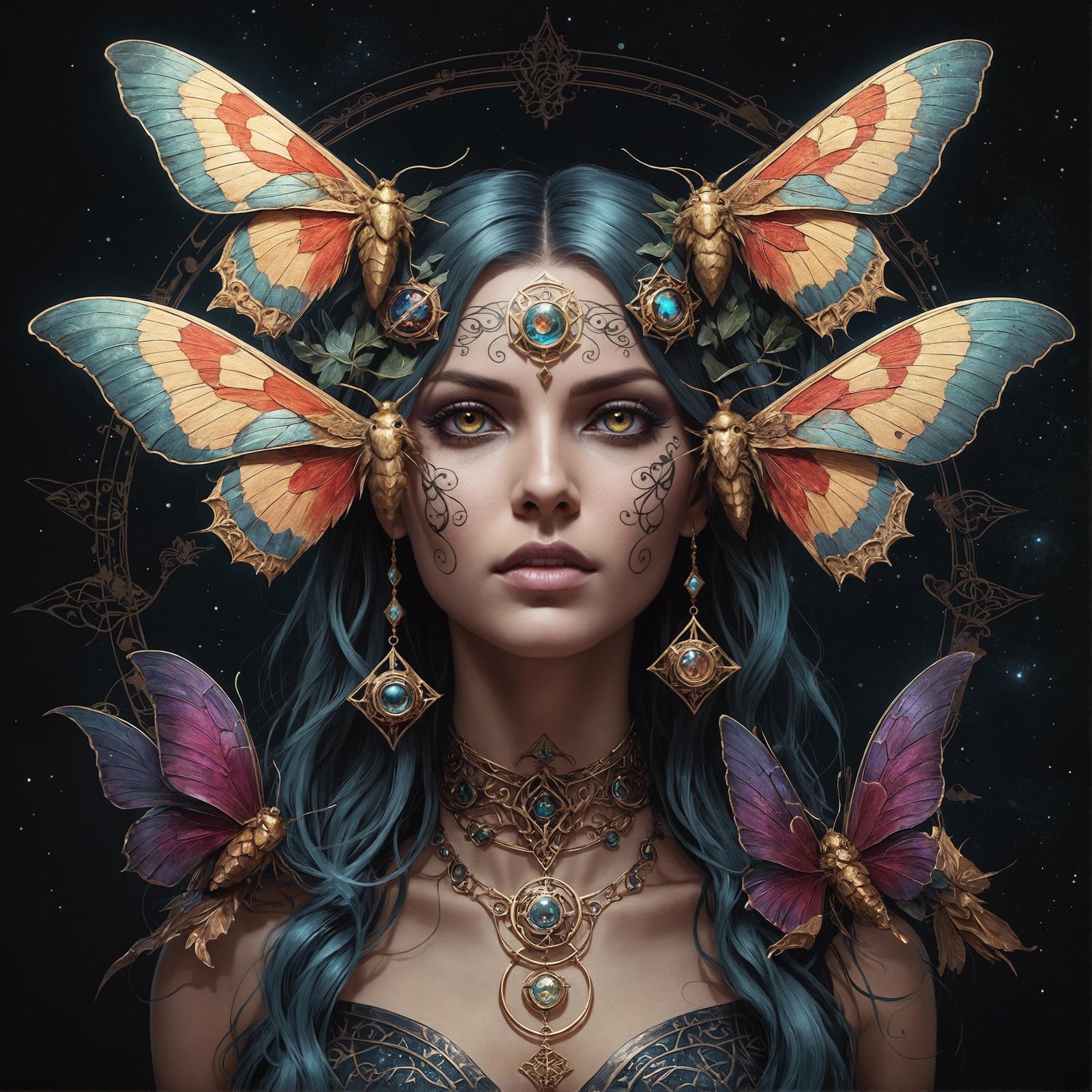 Gothic Moth Goddess Portrait in Tattoo Style