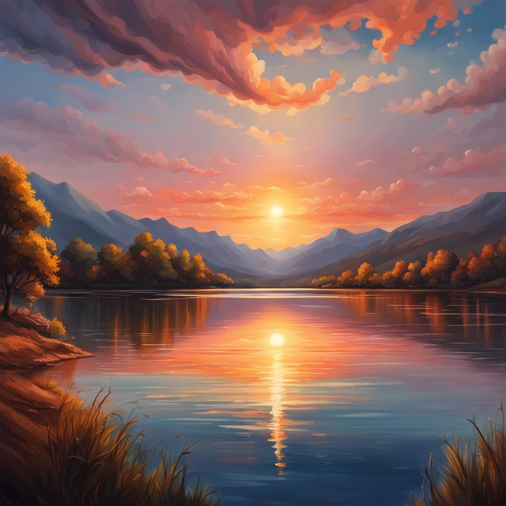 Hyperrealistic Sunset Lake in Splash Art Style