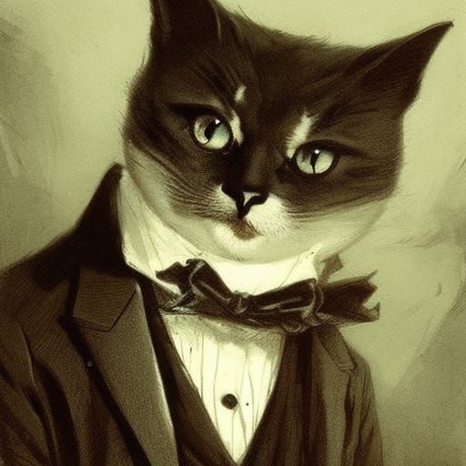 Dapper Cat in Horror Engraving Style